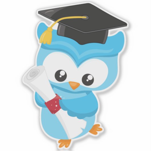 かわいいフクロウ、小さなフクロウ、ベビーフクロウ、卒業フクロウ シール (正面)