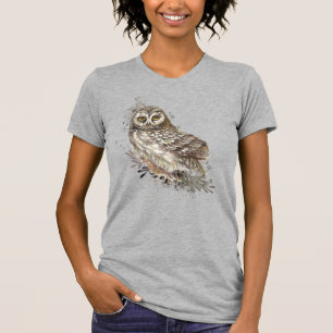 かわいいフクロウ、水彩鳥の自然カスタム文字T志 Tシャツ