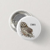 かわいいフクロウ、水彩鳥の自然 缶バッジ (正面&裏面)