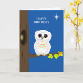 かわいいフクロウ&編集可能誕生日ウィッシュonブルー カード (黄色い花)