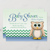 かわいいフクロウ-青と緑の山型のベビーシャワー 招待状 (正面/裏面)