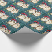 かわいいフクロカップル光沢のあるクリスマス ラッピングペーパー (角)
