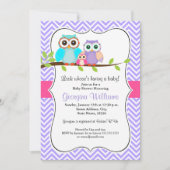 かわいいフクロガールベビーシャワー招待状ピンク&パープル 招待状 (正面)