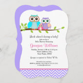 かわいいフクロガール女の子の赤ちゃんシャワー招待状紫ピンク 招待状 (正面/裏面)