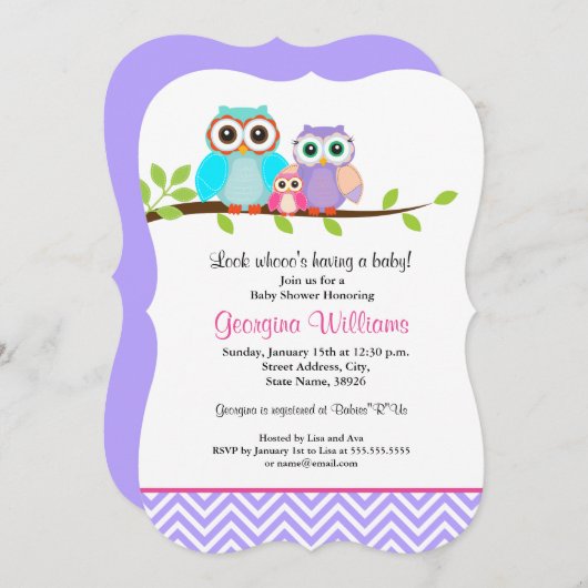 かわいいフクロガール女の子の赤ちゃんシャワー招待状紫ピンク 招待状 (正面/裏面)