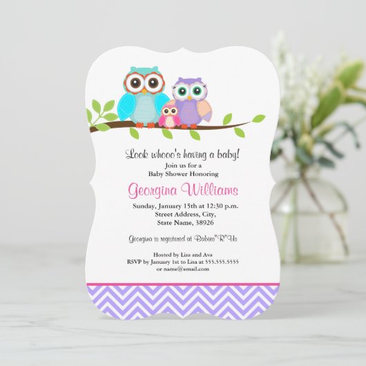 かわいいフクロガール女の子の赤ちゃんシャワー招待状紫ピンク 招待状 (スタンド正面)