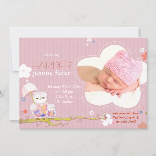 かわいいフクロピンクのベビーガールフォト誕生 案内状 (正面)