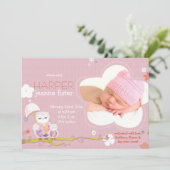 かわいいフクロピンクのベビーガールフォト誕生 案内状 (スタンド正面)