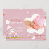 かわいいフクロピンクのベビーガールフォト誕生 案内状 (正面/裏面)