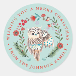 かわいいフクロムクリスマスの休日の名前ブルー ラウンドシール