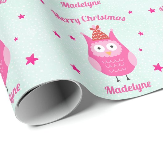 かわいいフクロムクリスマスピンクの雪のパーソナライズされた星 ラッピングペーパー (ロールコーナー)