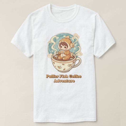 かわいいフグのコーヒーと読書アート Tシャツ (デザイン正面)