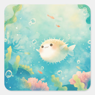 かわいいフグの水彩画 海の中の保育園 スクエアシール