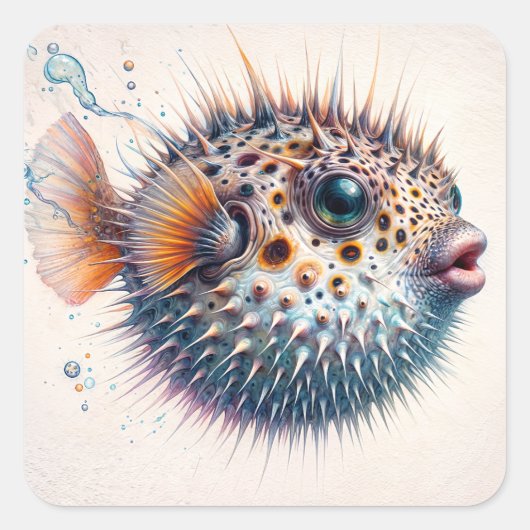 かわいいフグの海の生き物のアート スクエアシール (正面)