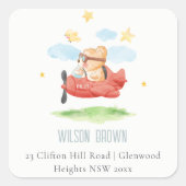 かわいいフライオーバーテディベア動物の飛行機アドレス スクエアシール (正面)