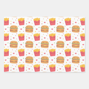 かわいいフライドポテトとハンバーガーのパターン ラッピングペーパーシート