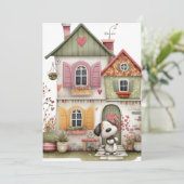 かわいいフラットカード - 居心地の良いコテージと子犬 シーズンカード (スタンド正面)
