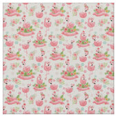 かわいいフラミンゴと熱帯の花 ファブリック (クローズアップ)