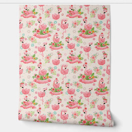 かわいいフラミンゴと熱帯の花 壁紙