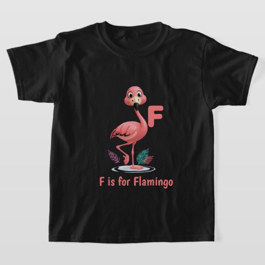 かわいいフラミンゴの子供用Tシャツ｜Fはフラミンゴのアルファベット Tシャツ (レイダウン)