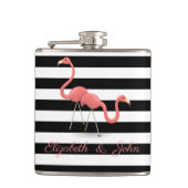 かわいいフラミンゴス，白黒ストライプのパーソナライズされた フラスク (正面)