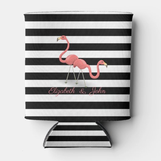 かわいいフラミンゴス,白黒ストライプのパーソナライズされた 缶クーラー (正面)