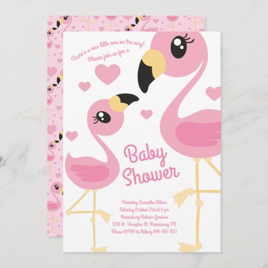 かわいいフラミンゴベビーシャワートロピカルビーチピンクガール 招待状 (正面/裏面)