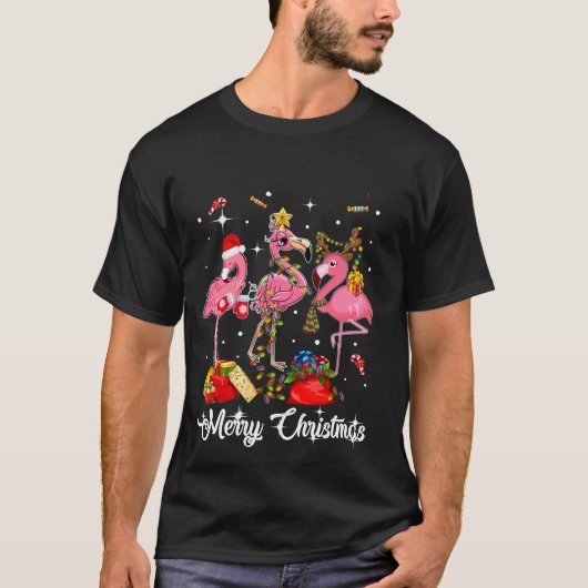 かわいいフラミンゴメリークリスマスプレゼントTシャツ Tシャツ (正面)