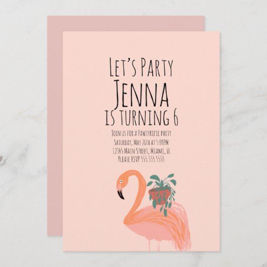 かわいいフラミンゴ植物誕生日パーティーピンク 招待状 (正面/裏面)