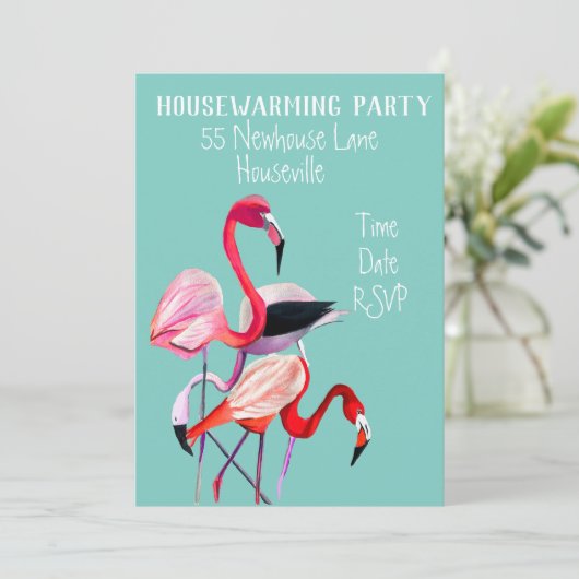 かわいいフラミンゴ水彩引っ越し祝いパーティーパーティー 招待状 (スタンド正面)