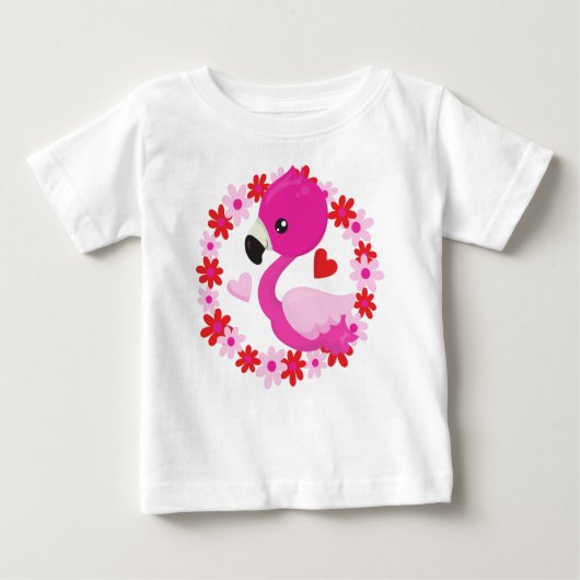 かわいいフラミンゴ,ピンクのフラミンゴ,鳥,花,ハート ベビーTシャツ (正面)