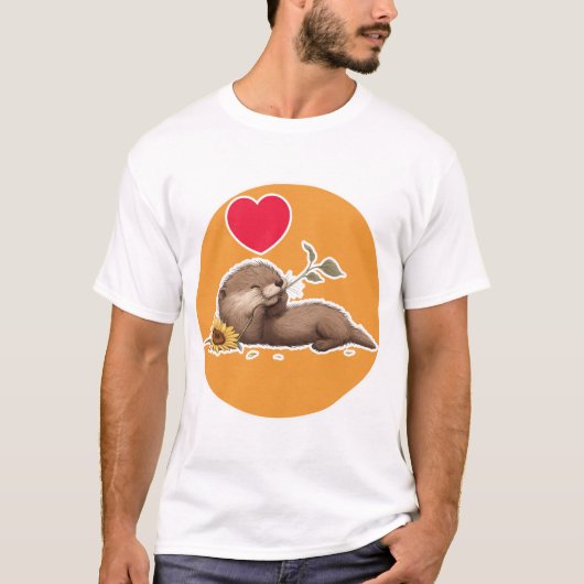 かわいいフラワーをかじるカワウソ Tシャツ (正面)