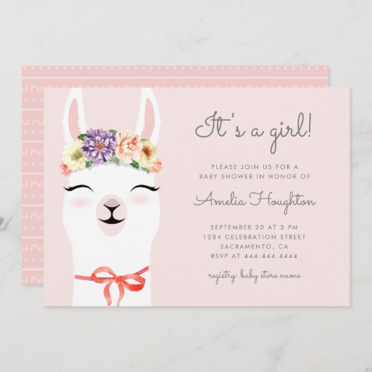 かわいいフラワークラウン&ラマガールベビーシャワー 招待状 (正面/裏面)