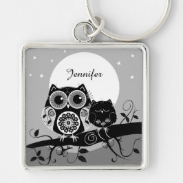 かわいいフラワーパワーのフクロウ及び名前をカスタムするKeychain キーホルダー