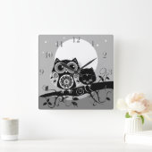 かわいいフラワーパワーフクロウカスタムズ&時計番号 スクエア壁時計 (ホーム)