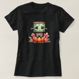 かわいいフランケンシュタインがカボチャと花の上に座っている Tシャツ