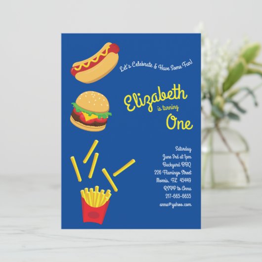 かわいいフランスのフリースkid 1st誕生日パーティーファーストフード 招待状 (スタンド正面)