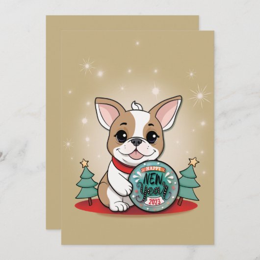 かわいいフランスのブルドッグおめでとう新年 シーズンカード (正面/裏面)