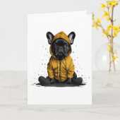 かわいいフランスのブルドッグがレインコートを着る カード (黄色い花)
