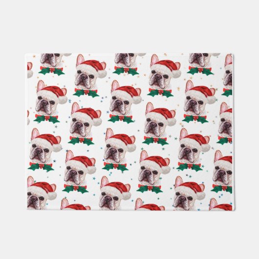 かわいいフランスのブルドッグのクリスマスパターン ドアマット (正面)