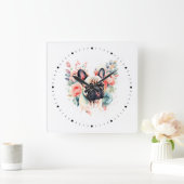 かわいいフランスのブルドッグの花 スクエア壁時計 (ホーム)