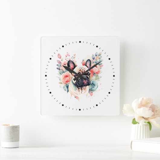 かわいいフランスのブルドッグの花 スクエア壁時計 (ホーム)
