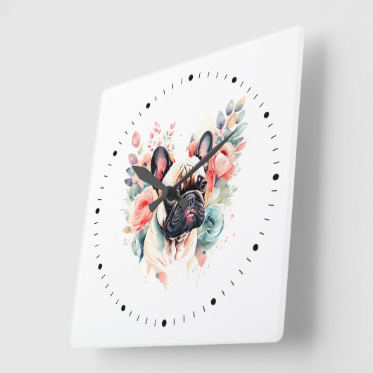 かわいいフランスのブルドッグの花 スクエア壁時計 (傾斜)