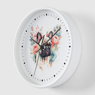 かわいいフランスのブルドッグの花 壁時計
