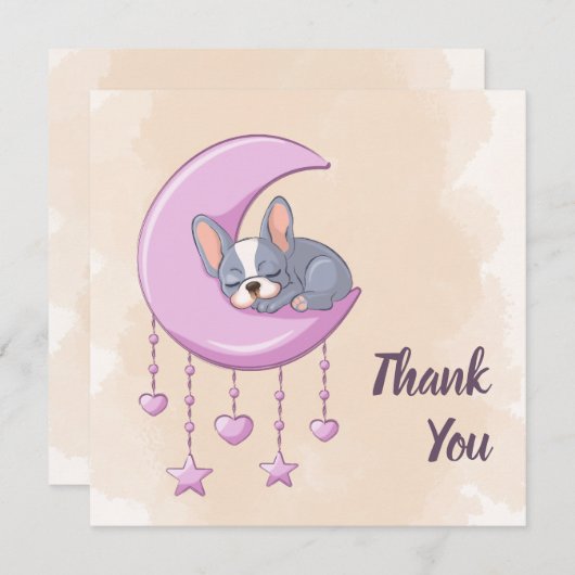 かわいいフランスのブルドッグ子犬ピンクの月の赤ちゃんシャワー サンキューカード (正面/裏面)