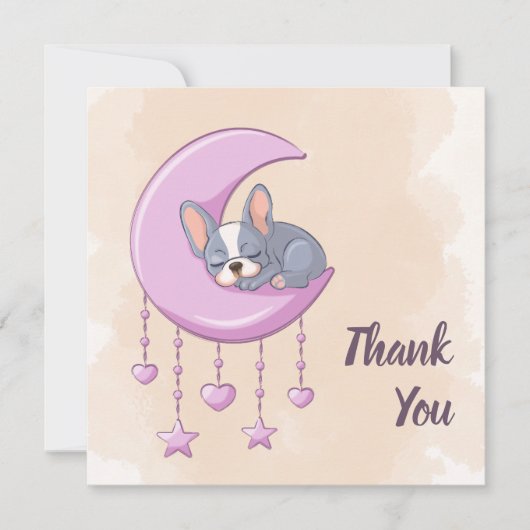 かわいいフランスのブルドッグ子犬ピンクの月の赤ちゃんシャワー サンキューカード (正面)