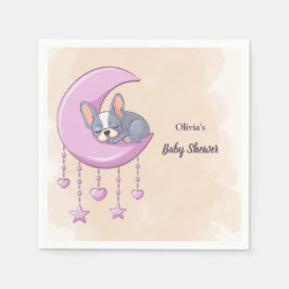 かわいいフランスのブルドッグ子犬ピンクの月の赤ちゃんシャワー スタンダードカクテルナプキン