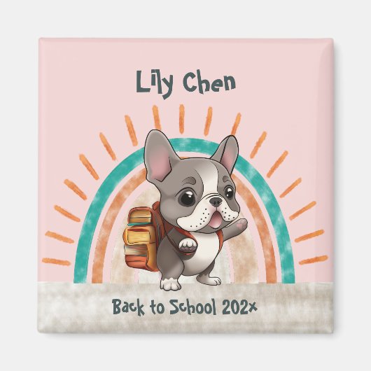 かわいいフランスのブルドッグ新学期虹 マグネット (正面)