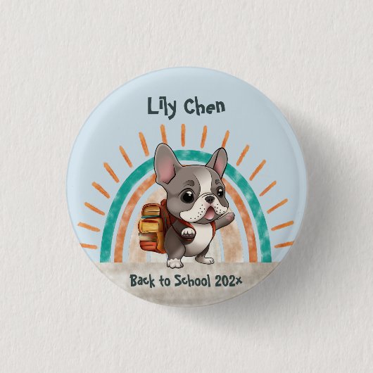 かわいいフランスのブルドッグ新学期虹 缶バッジ (正面)