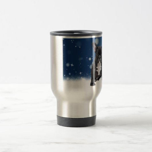 かわいいフランスのブルドッグ雪スターブルークリスマス トラベルマグ (中央)